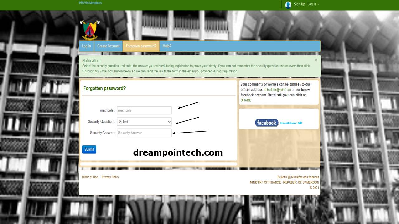 Enter your correct 'Matricule Number', security test question, and answer to get your new minfi or minesec payslip password