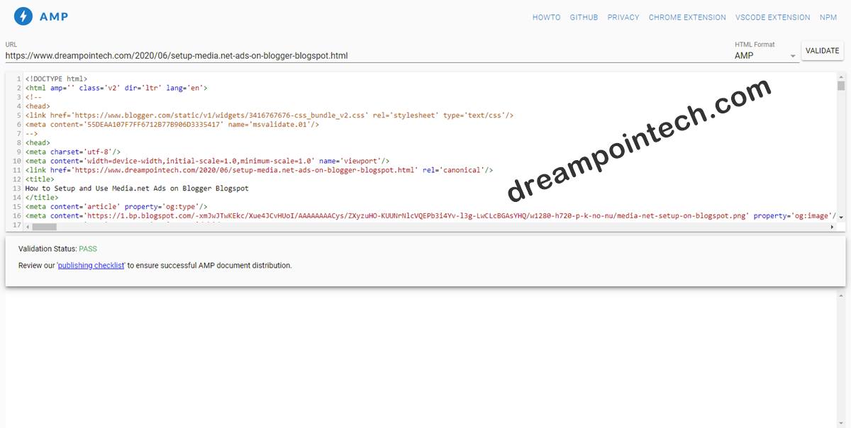 Sample AMP Page Validation on site hosted at Blogger